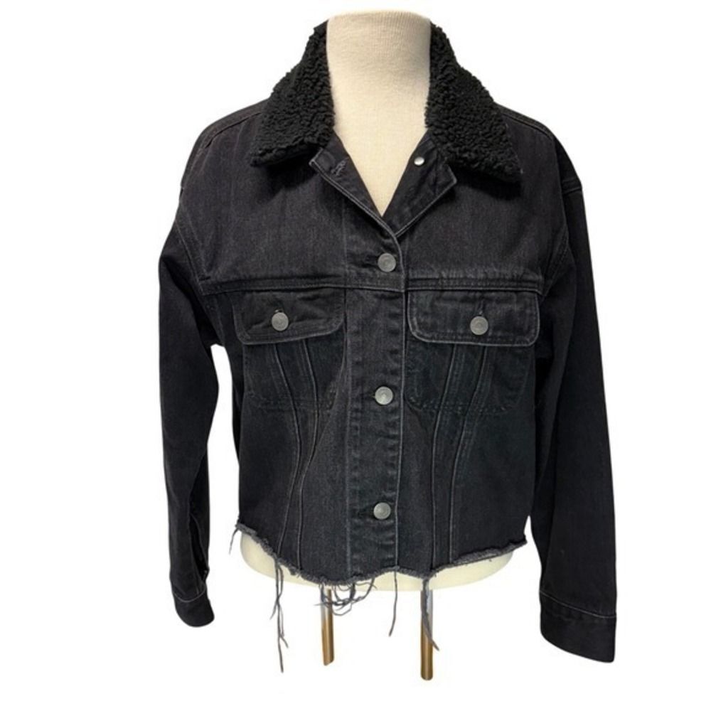 Abercrombie & Fitch Black Denim Sherpa Lined Trucker Jacket Womens Size M Cotton